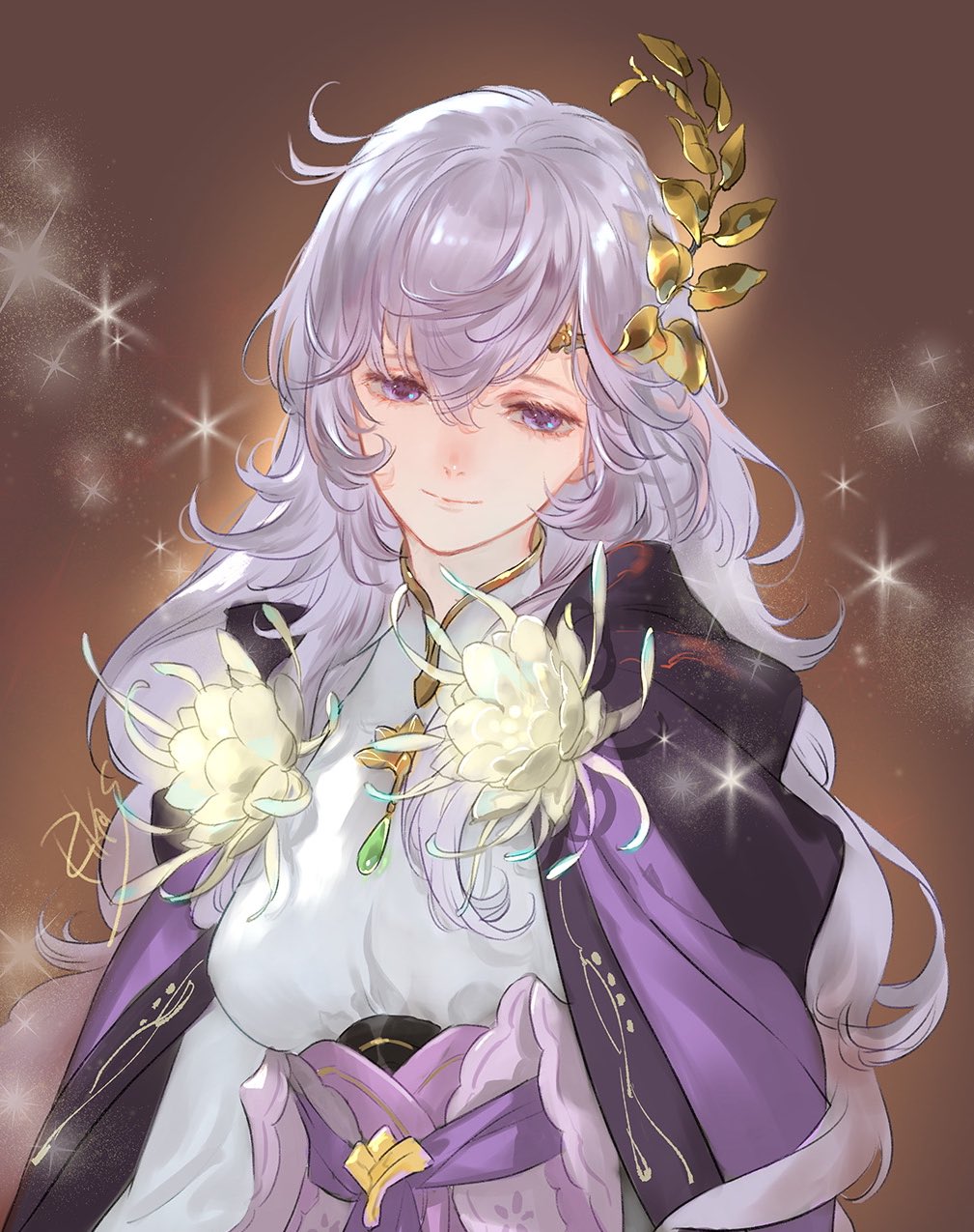 1girl, breasts, brown_background, cape, deirdre_(fated_saint)_(fire_emblem), deirdre_(fire_emblem), dress, fire_emblem, fire_emblem:_genealogy_of_the_holy_war, fire_emblem_heroes, grey_hair, hair_between_eyes, hair_ornament, high_collar, highres, long_hair, looking_down, medium_breasts, nintendo, purple_cape, signature, smile, solo, sparkle, suzuki_rika, upper_body, wavy_hair, white_dress