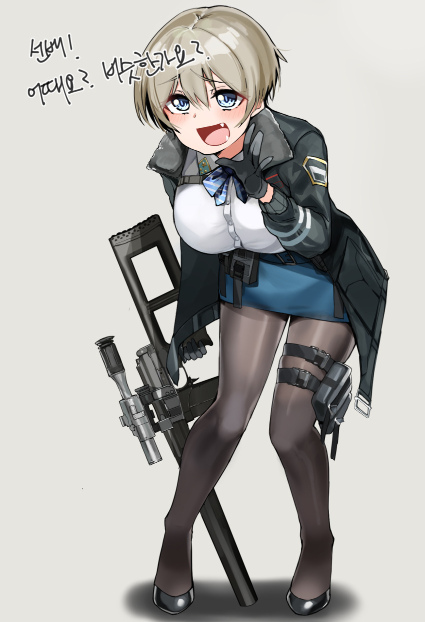 1girl, alternate_costume, black_pantyhose, blue_eyes, breasts, cosplay, fang, girls'_frontline, grey_hair, gun, highres, large_breasts, look-alike, open_mouth, pantyhose, pencil_skirt, raigyo_(mk48torpedo), rifle, scope, short_hair, skindentation, skirt, smile, sniper_rifle, solo, suppressor, thigh_strap, uzaki-chan_wa_asobitai!, uzaki_hana, vsk-94, vsk-94_(girls'_frontline), vsk-94_(girls'_frontline)_(cosplay), weapon