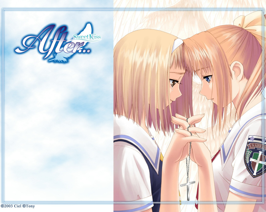 00s, 2girls, after_(game), after_sweet_kiss, angel_wings, blonde_hair, blue_eyes, bow