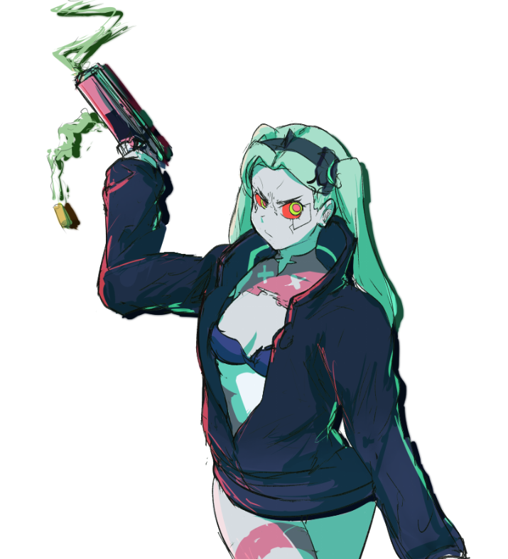 colored_skin, cyberpunk_(series), cyberpunk_2077, cyberpunk:_edgerunners, eranahh, green_hair, gun, jacket