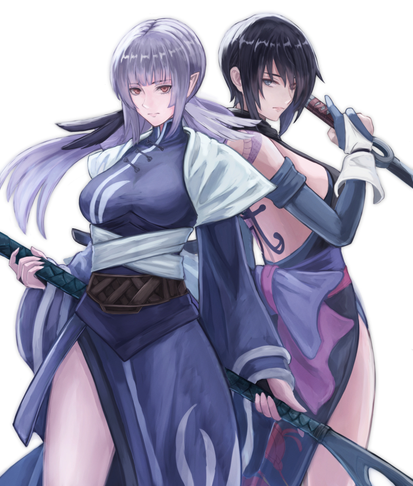 2girls, akito1218, back_tattoo, black_hair, blue_eyes, breasts, chinese_clothes, closed_mouth