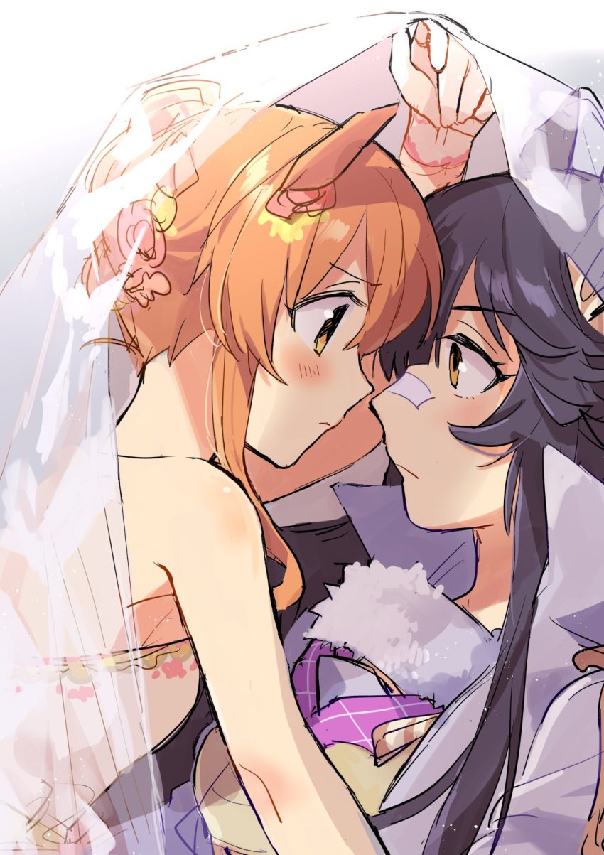 2girls, animal_ears, bandaid, bandaid_on_face, bandaid_on_nose, bare_shoulders, black_hair, blush