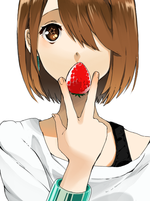 1girl, between_fingers, bracelet, brown_eyes, brown_hair, earrings, female_focus, food, fruit, hair_over_one_eye, hirasawa_yui, holding, holding_food, holding_fruit, jewelry, k-on!, listen!!, portrait, raafuru, sexually_suggestive, short_hair, solo, strawberry
