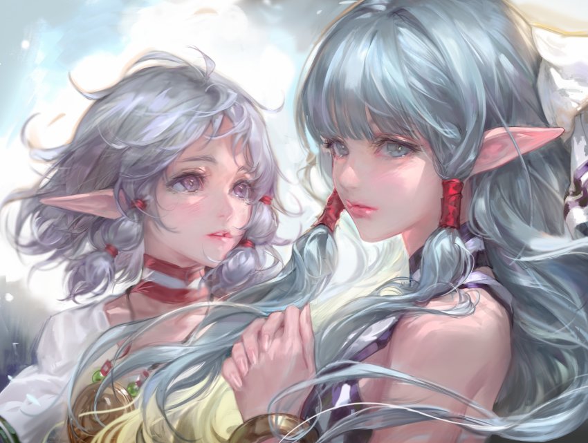 2girls, absurdres, bare_shoulders, blue_eyes, blue_hair, bm94199, commentary, elf