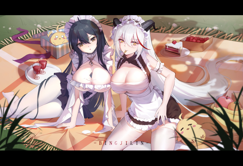 2girls, absurdly_long_hair, absurdres, aegir_(azur_lane), aegir_(iron_blood's_dragon_maid)_(azur_lane), alcohol, apple, apron, arm_garter, artist_name, azur_lane, banana, between_breasts, bingjilin, black_hair, black_horns, black_skirt, box, breastless_clothes, breasts, brown_dress, brown_skirt, cake, cake_slice, choker, cleavage, day, demon_horns, dress, food, foot_out_of_frame, frilled_choker, frilled_dress, frills, fruit, garter_straps, gift, gift_box, hair_between_eyes, hair_spread_out, highres, horns, indomitable_(azur_lane), indomitable_(ms._motivationless_maid)_(azur_lane), large_breasts, long_hair, looking_at_viewer, maid_headdress, manjuu_(azur_lane), miniskirt, multicolored_hair, multiple_girls, o_o, official_alternate_costume, outdoors, pantyhose, pleated_skirt, red_hair, skirt, sleeveless, sleeveless_dress, thighhighs, two-tone_hair, very_long_hair, white_apron, white_garter_straps, white_hair, white_pantyhose, white_thighhighs, wine, yellow_eyes