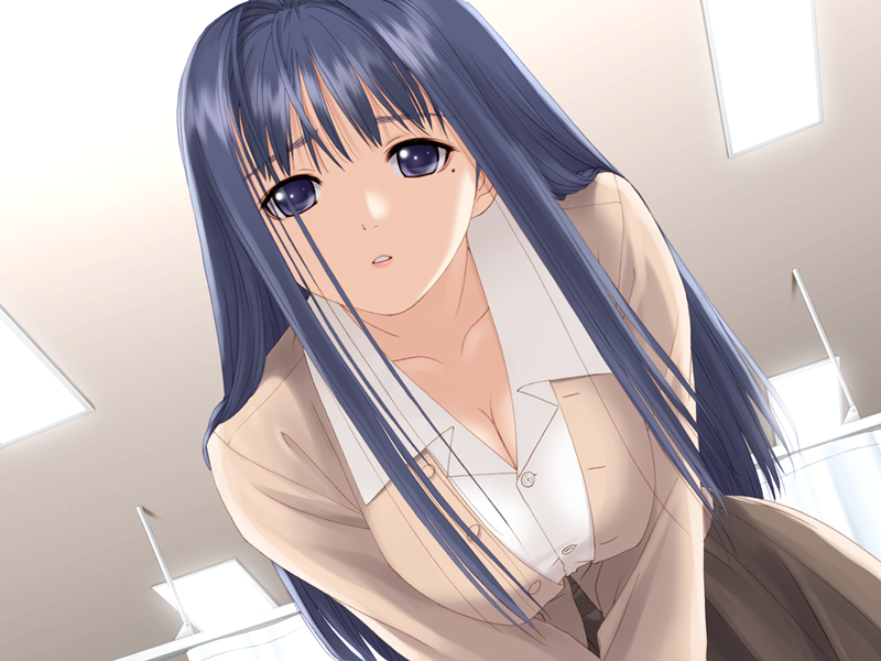 00s, 1girl, after_(game), bent_over, black_skirt, blazer, blue_eyes, blue_hair, breasts, buttons, ceiling, chihaya_miyuki, cleavage, collarbone, collared_shirt, cowboy_shot, curtains, downblouse, dutch_angle, female_focus, from_below, game_cg, hair_intakes, hanging_breasts, indoors, jacket, large_breasts, lights, long_hair, long_sleeves, looking_at_viewer, matching_hair/eyes, mole, mole_under_eye, parted_lips, pleated_skirt, pov, purple_eyes, raised_eyebrows, shirt, sidelocks, skirt, solo, tony_taka, unbuttoned, upper_body, v_arms, very_long_hair, white_shirt, wing_collar