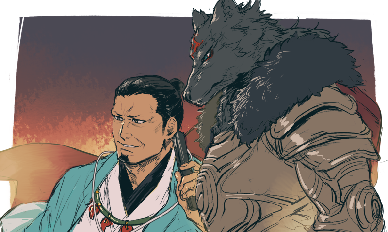 01rosso, 2boys, aqua_eyes, armor, black_eyes, black_fur, cape, closed_mouth