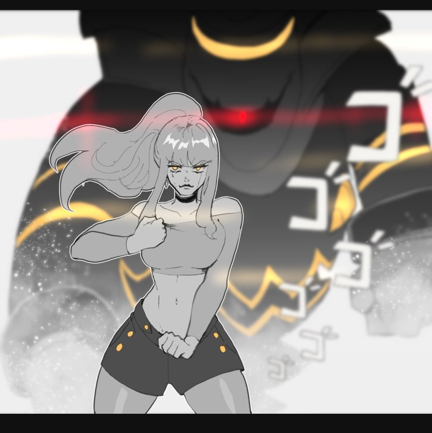 1girl, blurry, blurry_background, borrowed_character, choker, closed_mouth, cropped_shirt, depth_of_field