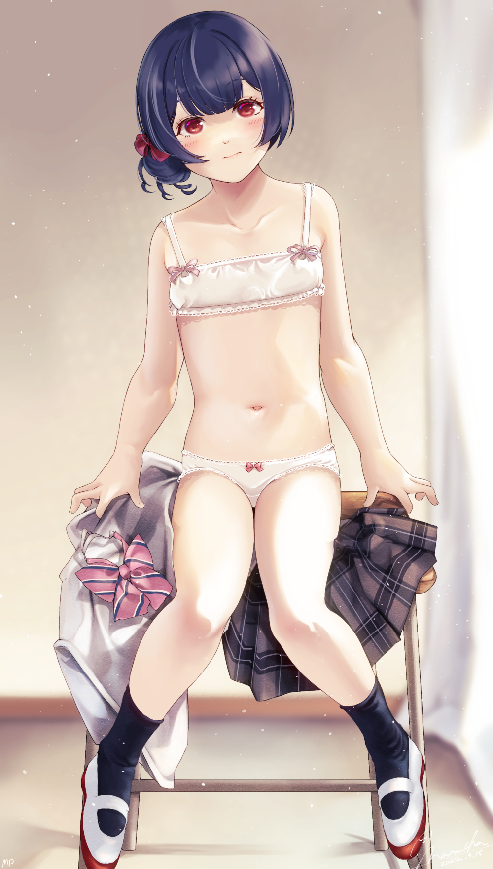 1girl, black_socks, blue_hair, blurry, blurry_background, blush, bra, collarbone