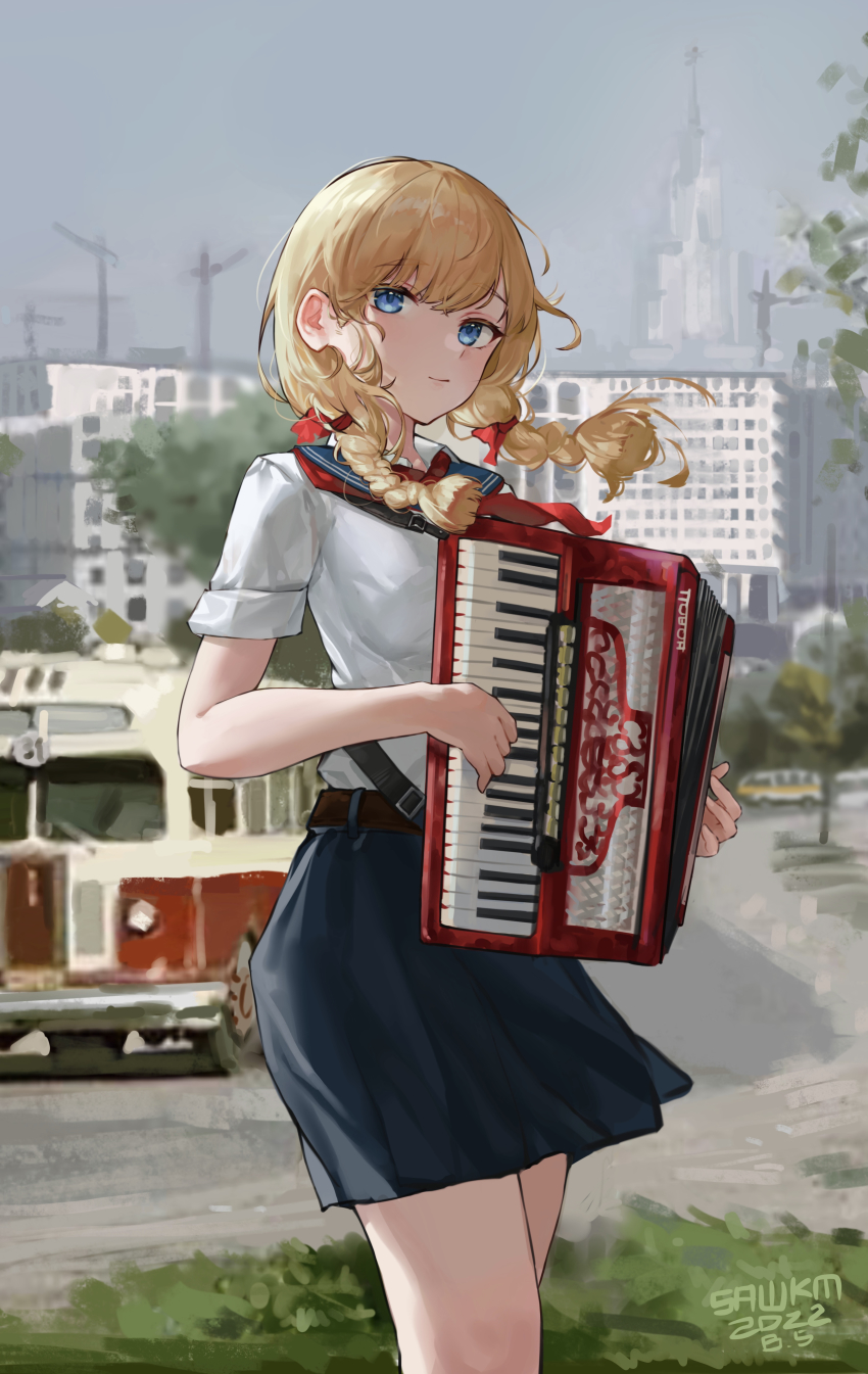 1girl, absurdres, accordion, belt, blonde_hair, blue_eyes, blue_skirt, braid