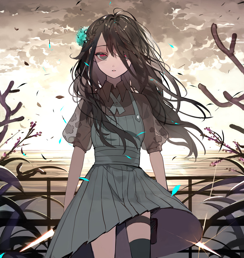 1girl, absurdres, asymmetrical_legwear, bad_end, berry, black_hair, black_thighhighs, blown_petals, blue_dress, blue_flower, branch, bush, cloud, cloudy_sky, commentary, cowboy_shot, dress, dual_wielding, falling_leaves, flower, gleam, grey_eyes, hair_flower, hair_ornament, hair_over_one_eye, highres, holding, holding_knife, holster, horizon, karo_(karohroka), knife, leaf, long_hair, messy_hair, multicolored_eyes, ocean, original, outdoors, parted_lips, railing, red_eyes, single_thighhigh, sky, solo, sunset, thigh_holster, thigh_strap, thighhighs, tsurime, water, wind