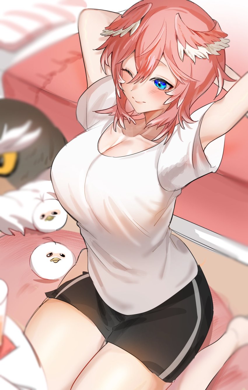 1girl, a0z0_aozo, barefoot, bed, black_shorts, blue_eyes, blush, breasts