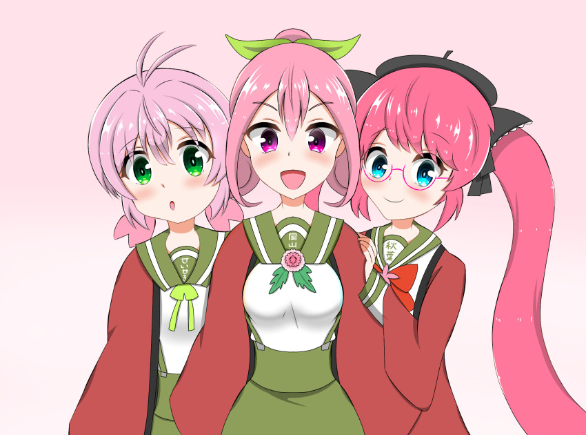 3girls, akiba-tan, blue_eyes, green_eyes, green_skirt, highres, multiple_girls, okayama-tan