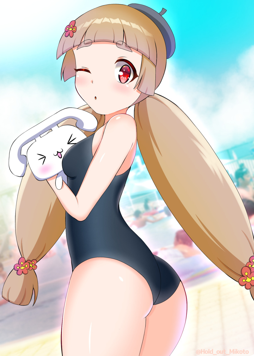 1girl, highres, mito-tan, one-piece_swimsuit, one_eye_closed, school_swimsuit, swimsuit, telu-chan