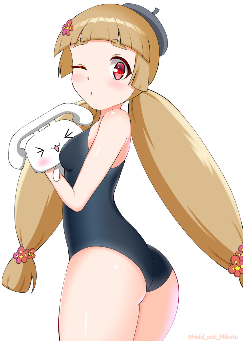 1girl, highres, mito-tan, one-piece_swimsuit, one_eye_closed, school_swimsuit, swimsuit, telu-chan, twintails, white_background, wink