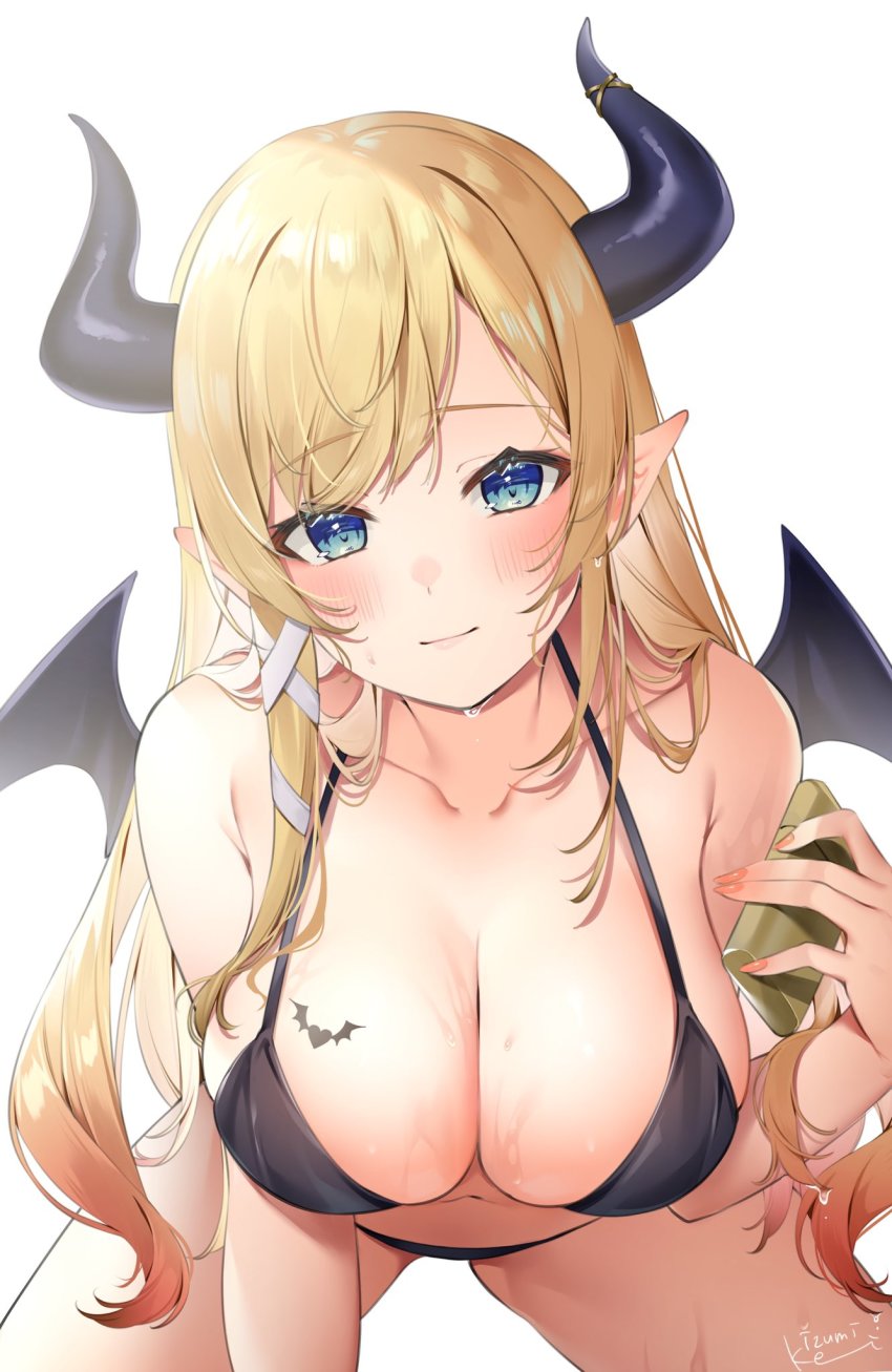 1girl, bikini, black_bikini, blonde_hair, blue_eyes, blush, breast_tattoo, breasts