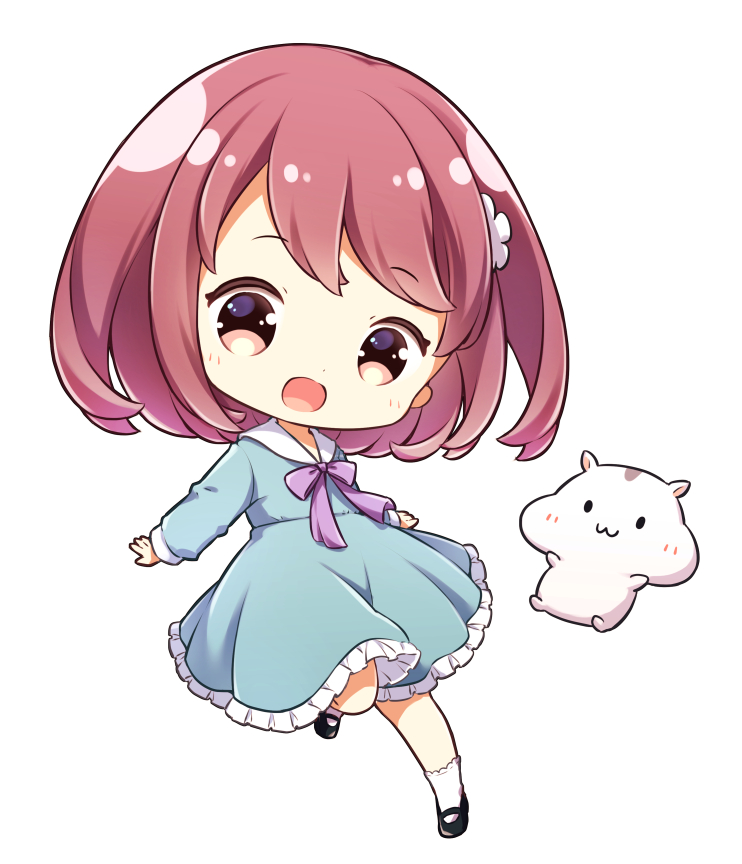 1girl, :d, brown_hair, chibi, dress, flower, frilled_dress, frilled_socks
