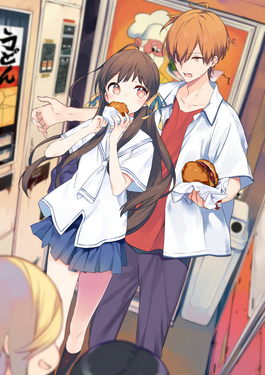 1boy, 3girls, black_hair, blonde_hair, brown_eyes, brown_hair, burger, eating