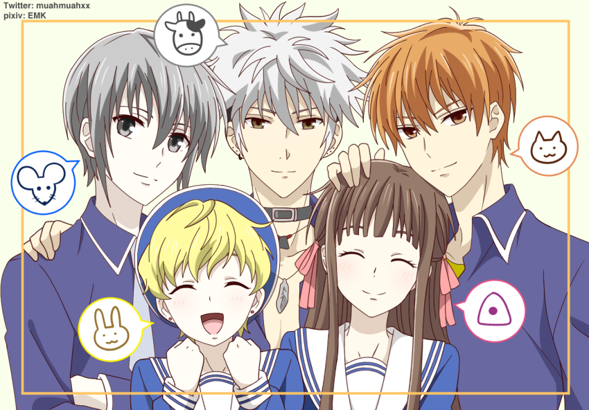 1girl, 5boys, amyemk, black_hair, blonde_hair, border, brown_eyes, brown_hair, facing_viewer, fruits_basket, green_eyes, grey_hair, heart, honda_tooru, long_hair, looking_at_viewer, multicolored_hair, multiple_boys, orange_eyes, orange_hair, pixiv_username, short_hair, sohma_hatsuharu, sohma_kyou, sohma_momiji, sohma_yuki, twitter_username, white_background, yellow_border