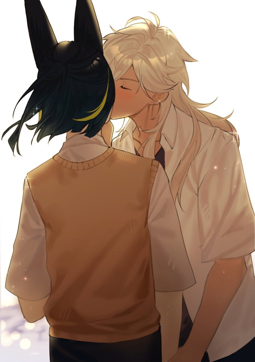 2boys, animal_ears, brown_sweater_vest, closed_eyes, collared_shirt, cyno_(genshin_impact), fox_boy, fox_ears