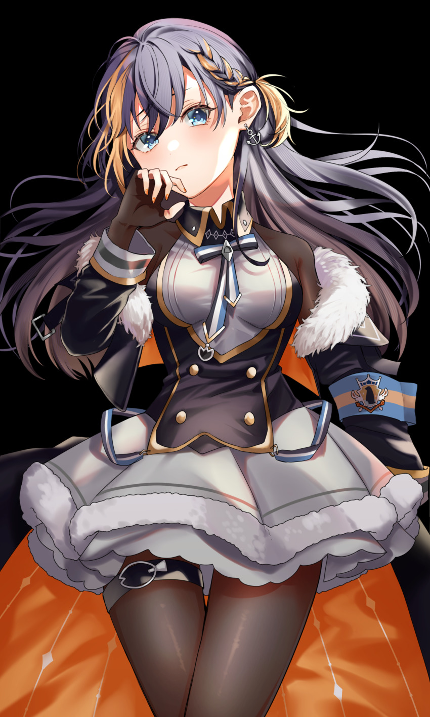 1girl, anchor_earrings, black_background, blue_eyes, bodystocking, bowtie, braid, braided_bangs