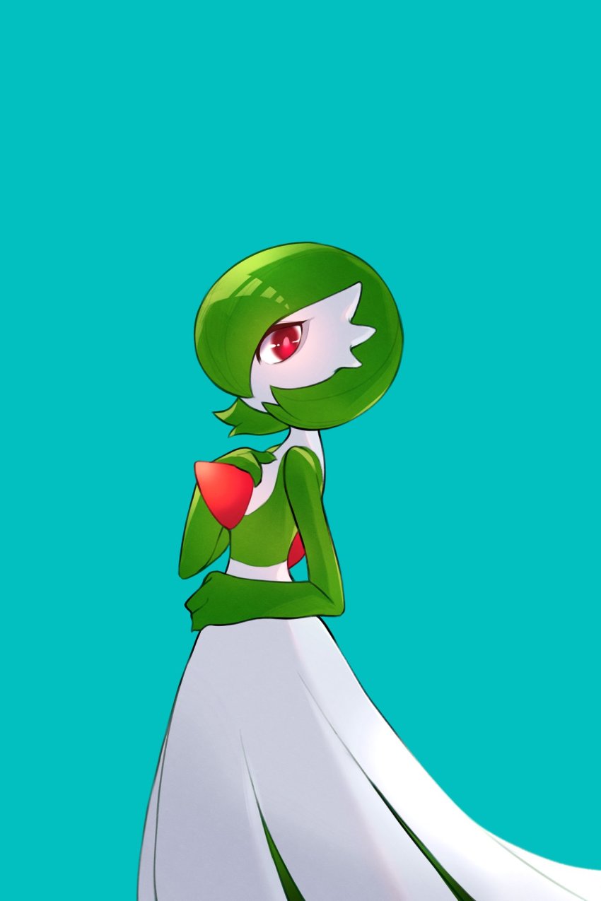 1girl, aqua_background, bob_cut, colored_skin, female_focus, flat_chest, from_side, gardevoir