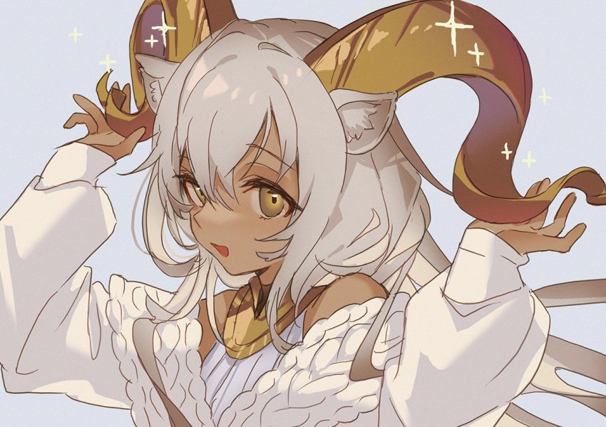 1girl, animal_ears, arknights, awa_iro, bare_shoulders, beeswax_(arknights), beeswax_(weisser_sand)_(arknights), cable_knit, cardigan, commentary, dark-skinned_female, dark_skin, goat_ears, goat_girl, goat_horns, gold_horns, grey_background, hands_up, horns, knit_sweater, long_hair, looking_at_viewer, official_alternate_costume, one-hour_drawing_challenge, sidelocks, simple_background, smile, solo, sparkle, sweater, upper_body, white_cardigan, white_hair, white_sweater, yellow_collar, yellow_eyes