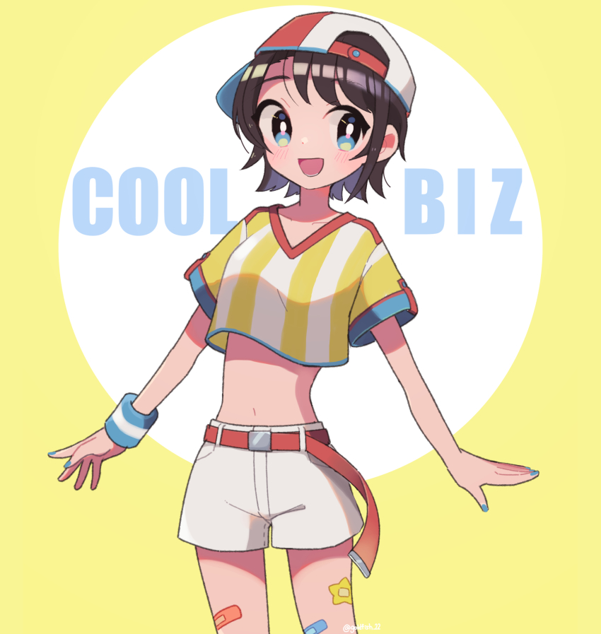 1girl, backwards_hat, bandaid, bandaid_on_leg, baseball_cap, belt, black_hair, blue_eyes