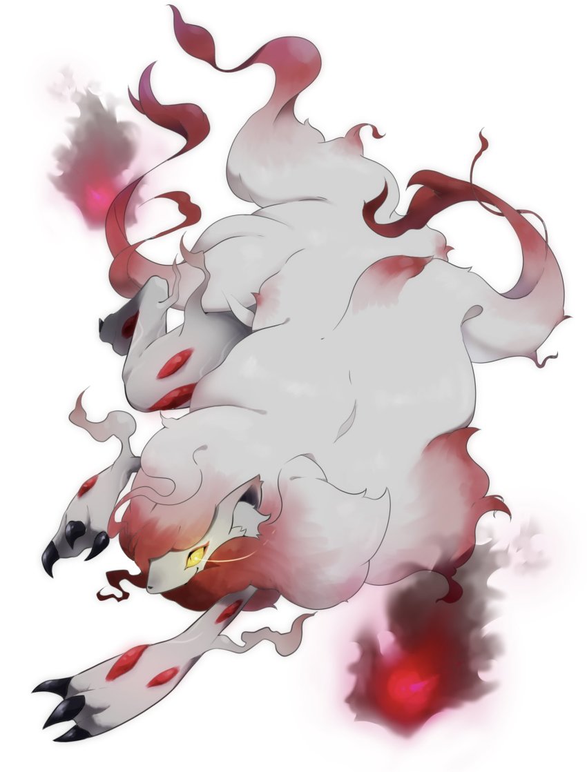 1other, all_fours, animal_ear_fluff, animal_ears, animal_feet, animal_hands, body_fur, claws, closed_mouth, colored_sclera, constricted_pupils, eye_trail, fire, full_body, furry, grey_fur, grey_hair, happy, highres, hisuian_zoroark, hotarubi_(bugkhdu), light_trail, long_hair, multicolored_hair, nintendo, other_focus, pokemon, pokemon_(creature), red_eyes, red_hair, smile, snout, solo, two-tone_hair, very_long_hair, wolf_ears, yellow_sclera