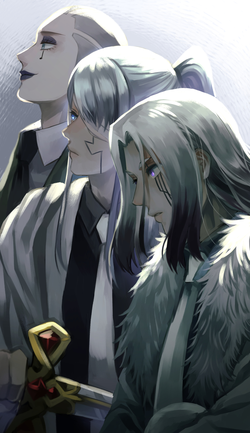 3boys, abel_walker, absurdres, abyss_razor, black_lips, black_necktie, blue_eyes, buzz_cut