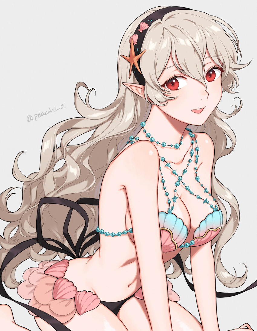 1girl, bikini, breasts, cleavage, commentary_request, female_corrin_(cipher_shell_bikini)_(fire_emblem), female_corrin_(fire_emblem), fire_emblem