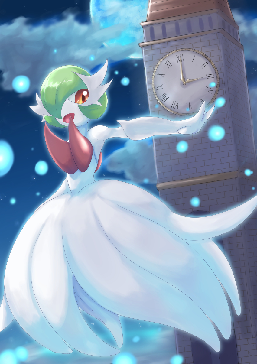 1girl, absurdres, arm_up, bare_shoulders, blue_moon, bob_cut, clock, clock_tower, cloud, colored_skin, dress, dutch_angle, elbow_gloves, female_focus, flat_chest, floating, full_body, full_moon, gardevoir, gen_3_pokemon, gloves, green_hair, hair_over_one_eye, happy, highres, jobanni, light_particles, looking_to_the_side, mega_gardevoir, mega_pokemon, moon, night, nintendo, one_eye_covered, open_mouth, outdoors, outstretched_arm, pokemon, pokemon_(creature), red_eyes, roman_numeral, short_hair, smile, solo, strapless, strapless_dress, tower, white_dress, white_gloves, white_skin