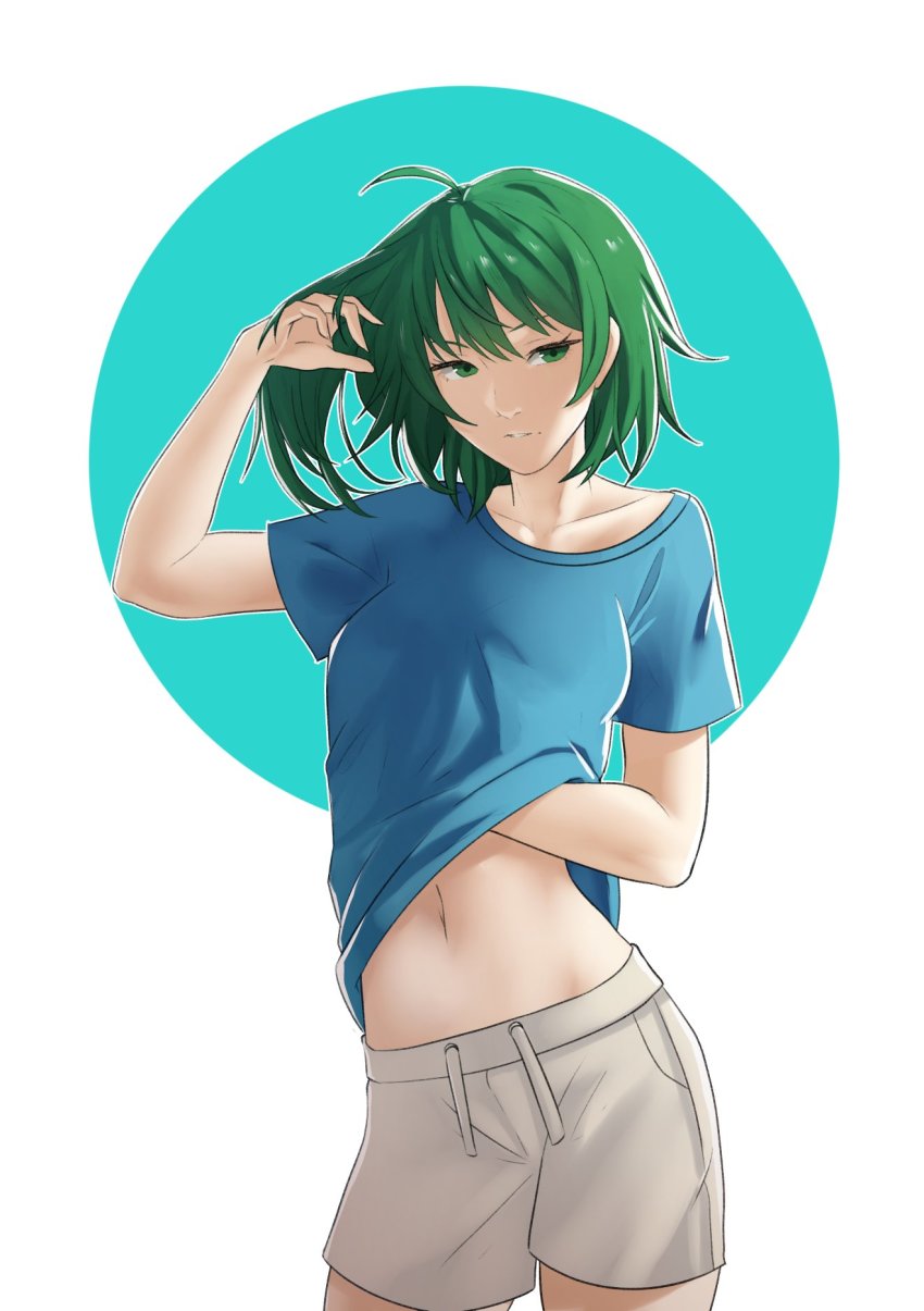1girl, adjusting_hair, ahoge, aqua_background, bare_arms, breasts, collarbone, fire_emblem, fire_emblem:_thracia_776, green_eyes, green_hair, highres, midriff, misha_(fire_emblem), nintendo, pomelomelon, shirt, short_hair, short_sleeves, shorts, small_breasts, solo