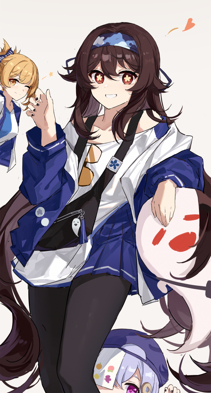 3girls, absurdres, bag, black_hair, black_nails, black_pantyhose, blonde_hair, blue_hair, blue_jacket, breasts, closed_mouth, genshin_impact, ghost, glasses, hat, highres, hu_tao_(genshin_impact), hu_tao_(lawson)_(genshin_impact), jacket, lawson, light_smile, multiple_girls, nail_polish, official_alternate_costume, one_eye_closed, open_mouth, pantyhose, qiqi_(genshin_impact), qiqi_(suibian)_(genshin_impact), shirt, shoulder_bag, simple_background, small_breasts, smile, star-shaped_pupils, star_(symbol), symbol-shaped_pupils, white_shirt, yajuu, yoimiya_(genshin_impact), yoimiya_(lawson)_(genshin_impact)