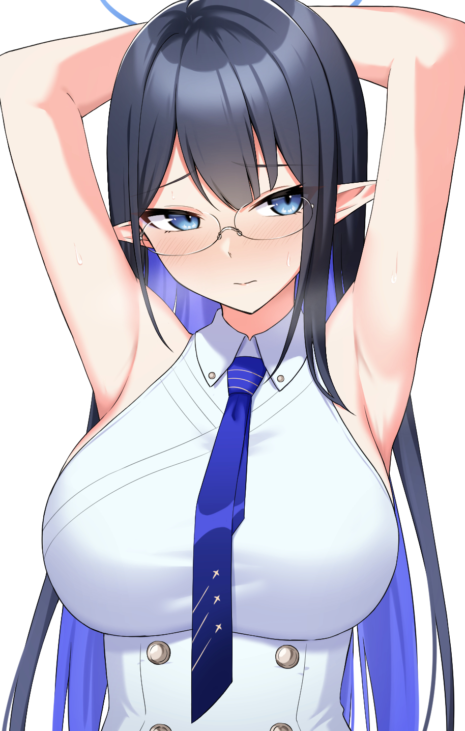 1girl, armpits, arms_behind_head, arms_up, bad_id, bad_twitter_id, black_hair, blue_archive