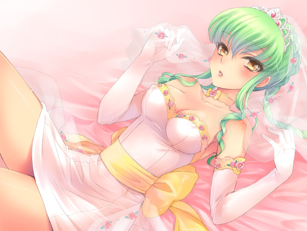 1girl, breasts, bride, c.c., cleavage, code_geass, dress, female_focus