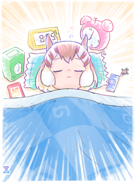 alarm_clock, blanket, blonde_hair, blush, cellphone, chipmunk_ears, chipmunk_girl, clock