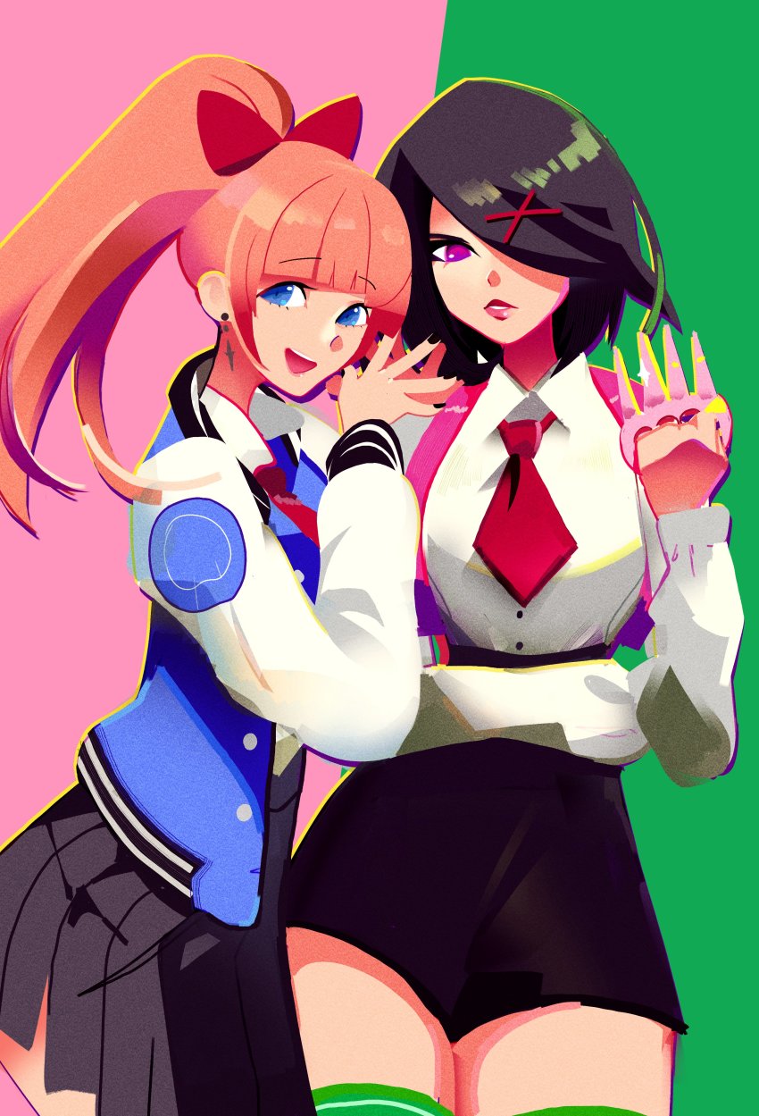 2girls, absurdres, arc_system_works, backpack, bag, black_hair, blue_eyes, bow