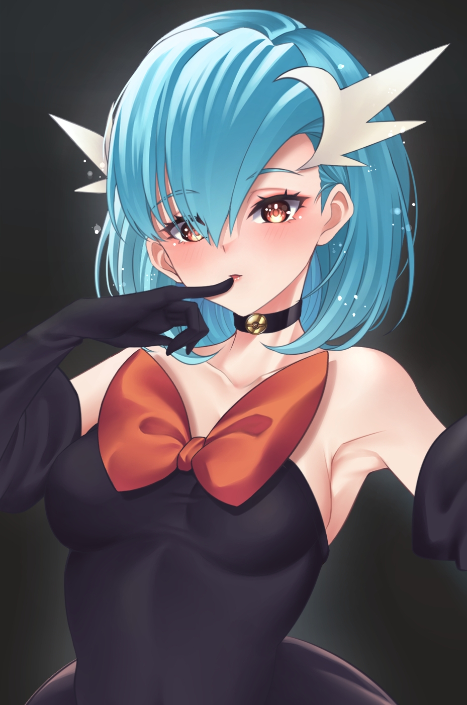 1girl, alternate_color, armpits, bare_shoulders, black_background, black_choker, black_dress, black_gloves