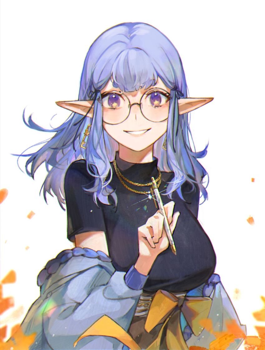 black_sweater, blue_hair, blue_jacket, earrings, glasses, grin, highres, holding