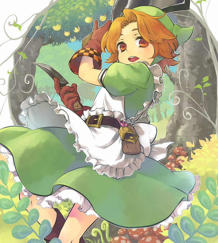 1girl, apron, atlus, bell, belt, boots, brown_eyes, brown_hair