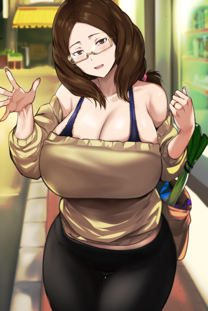 1girl, bag, bare_shoulders, blush, breasts, brown_eyes, brown_hair, cafekun