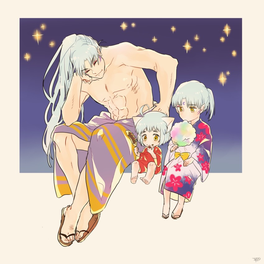 3boys, abs, ahoge, animal_ears, awarinko, barefoot, brothers, commentary_request