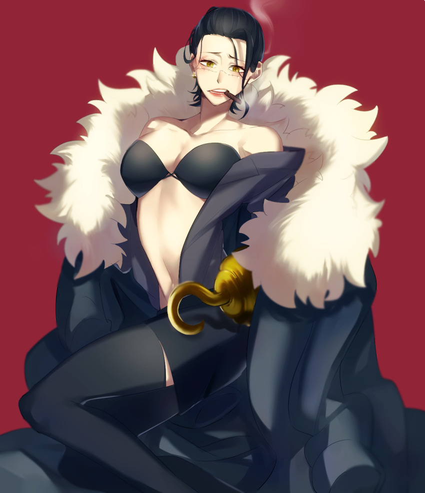 1girl, black_coat, black_hair, black_thighhighs, breasts, cigar, coat, coat_on_shoulders, commentary_request, crocodile_(one_piece), earrings, eyelashes, fur_collar, genderswap, genderswap_(mtf), hair_slicked_back, highres, hook_hand, jewelry, large_breasts, looking_at_viewer, mirin_(coene65), one_piece, red_background, scar, scar_on_face, short_hair, simple_background, smoking, solo, standing, thighhighs, thighs, yellow_eyes