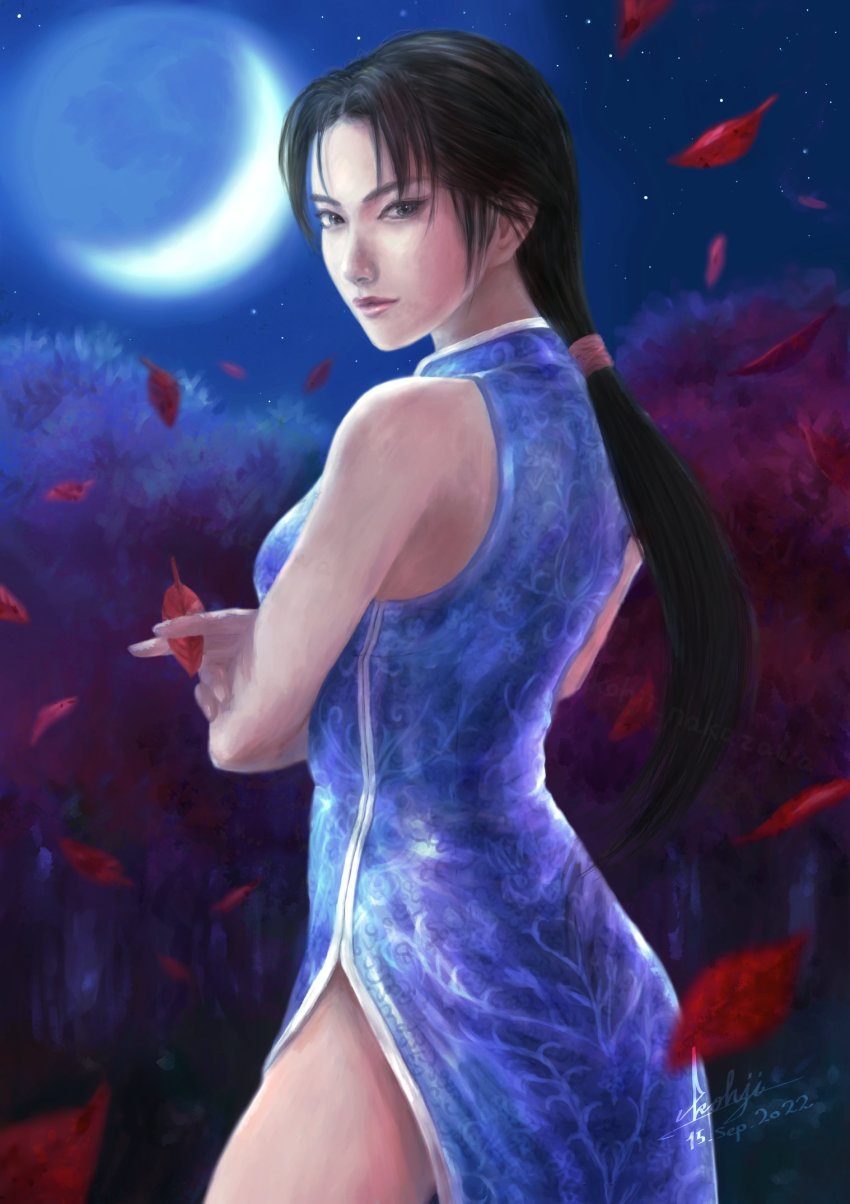 1girl, back, bare_shoulders, black_hair, blue_dress, breasts, china_dress, chinese_clothes