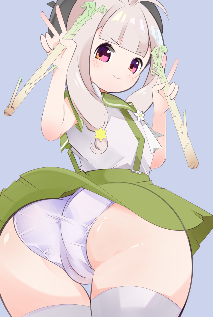 1girl, green_skirt, panties, pantyshot, sailor_collar, skirt, tachikawa-tan, underwear, white_hair, white_panties