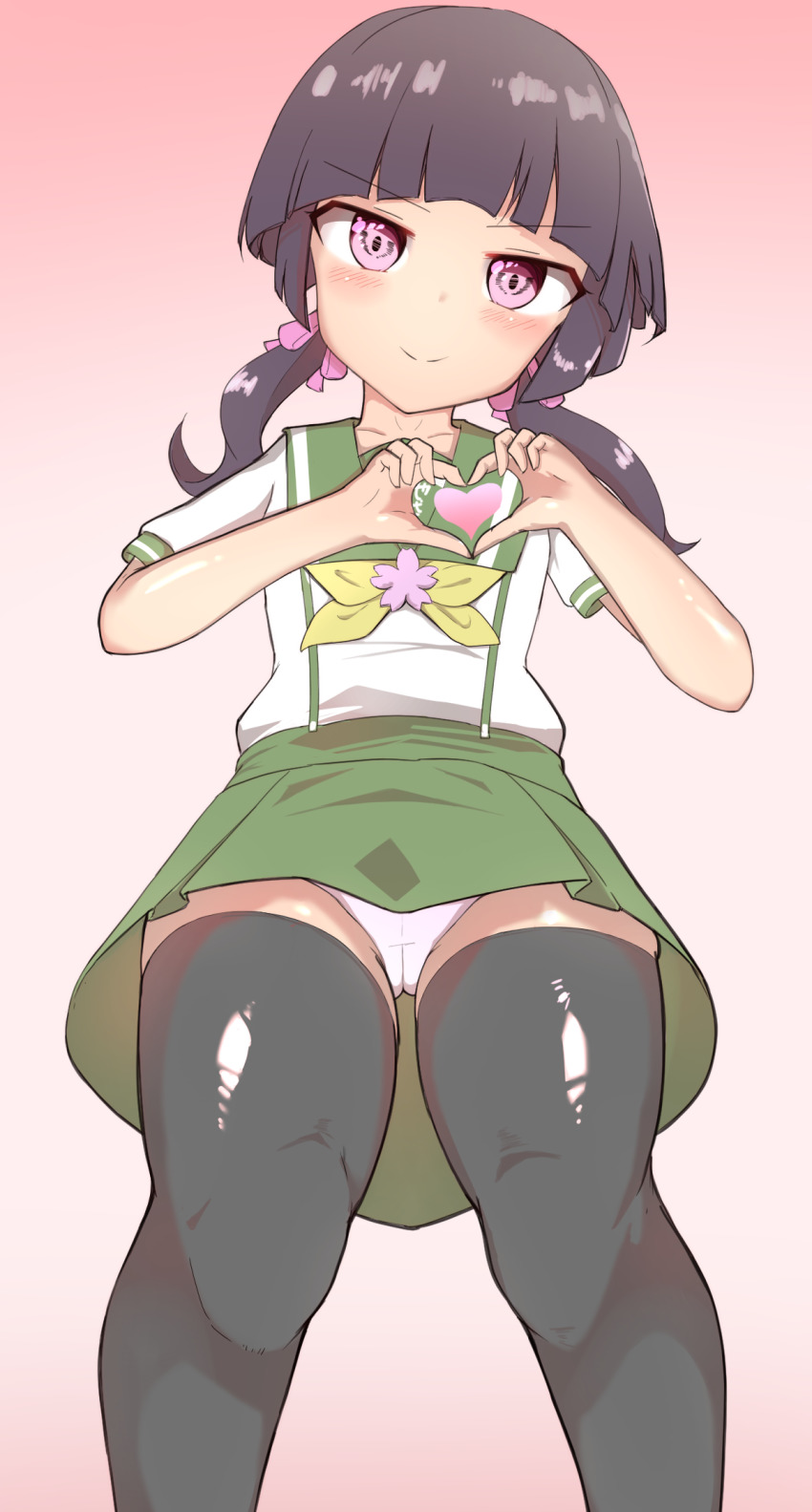 1girl, black_socks, green_skirt, heart, heart_hands, highres, ikenishi-tan, panties