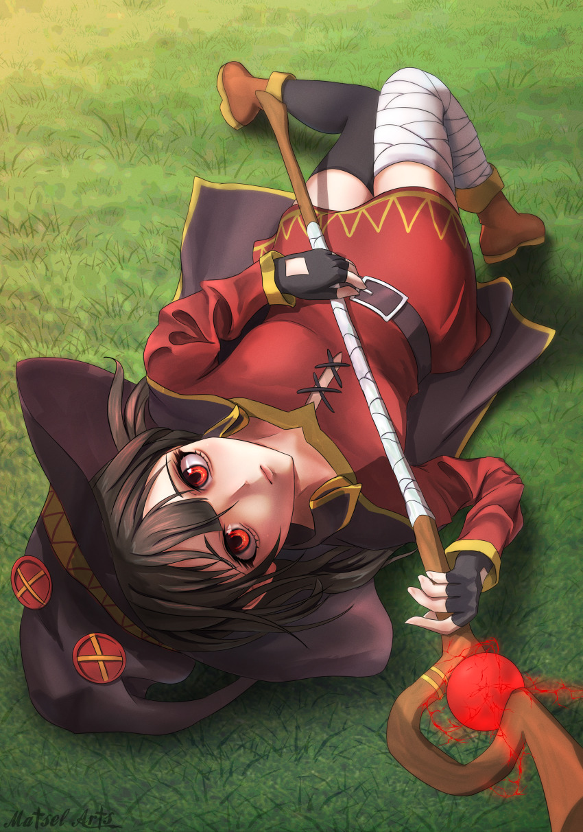 1girl, absurdres, bandaged_leg, bandages, belt, belt_buckle, black_hat, boots