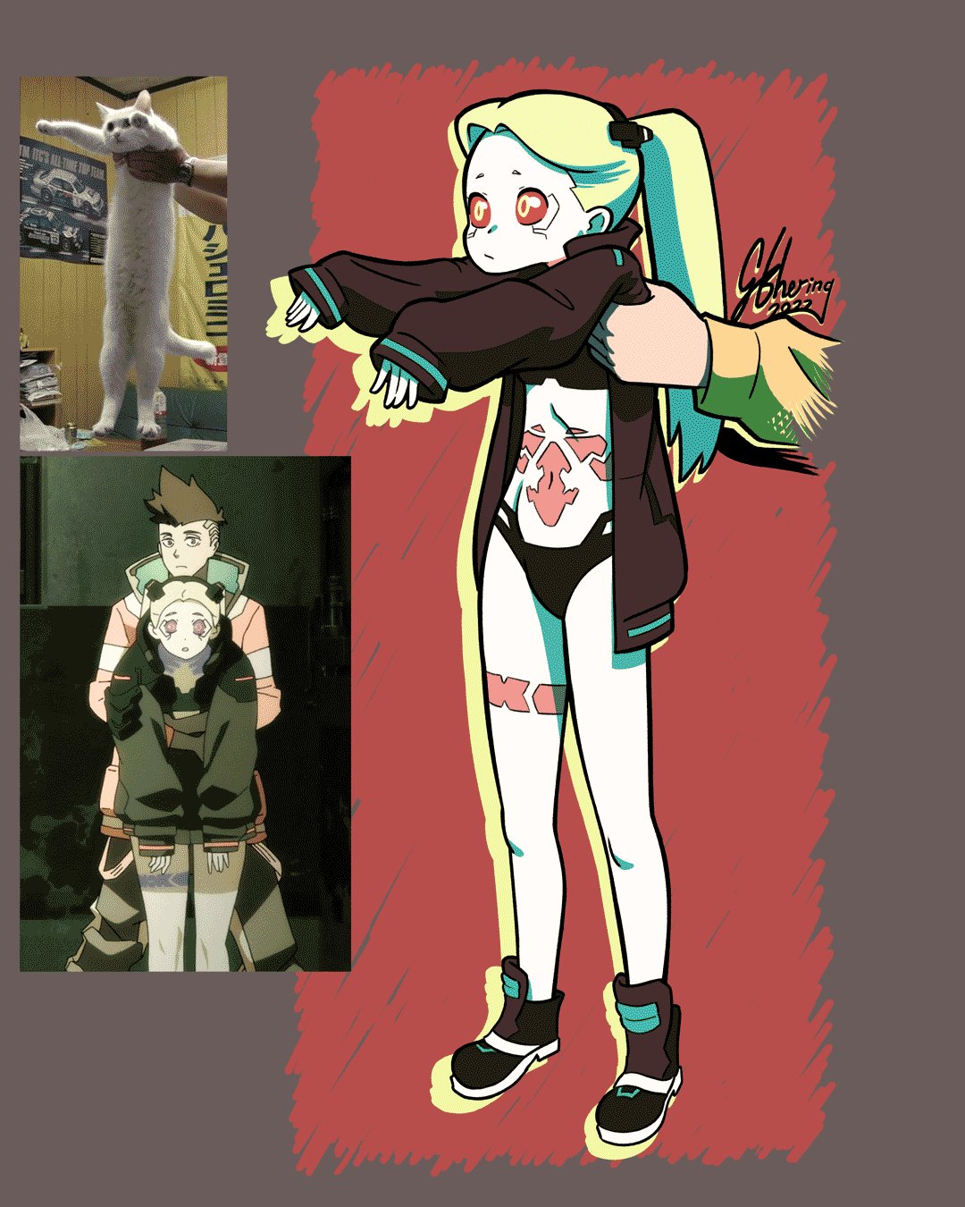 1girl, cat, colored_sclera, colored_skin, comparison, cyberpunk_(series), cyberpunk_2077, cyberpunk:_edgerunners