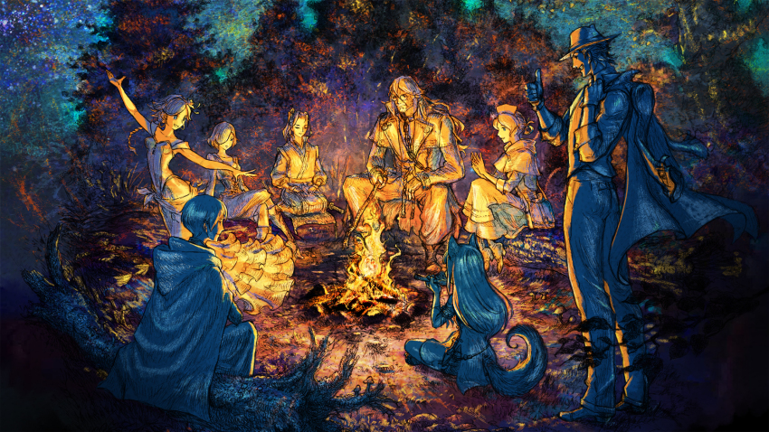 4boys, 4girls, agnea_bristarni, animal_ears, beard, campfire, cape, castti_florenz